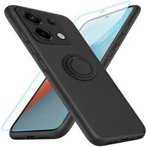 _Mega Brand Cellular Phone Case for Xiaomi Redmi Note 13 Pro, 360° Rotatable Ring Holder Kickstand/Stand Silicone TPU Shockproof Protective Cover Case with Glass Screen Protector - Black