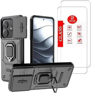 _Mega Brand  XiaoMi RedMi Note 14 5G Case with 2 Tempered Glass Screen Protectors, Military-Grade Protective Armor, Lens Protector, Magnetic Kickstand Black