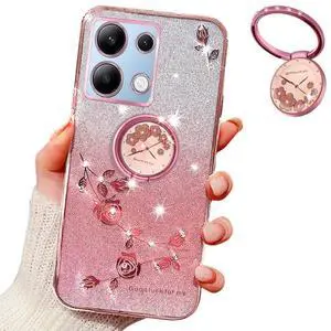 _Mega Brand for Xiaomi Redmi Note 13 4G Case for Women Girls, Luxury Plating Bling Glitter Sparkle Flowers Shockproof Case with Ring Stand for Xiaomi Redmi Note 13 4G.Flowers Pink