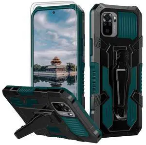 _Mega Brand Xiaomi Redmi Note 10 4G Case - 2 Pack Tempered Glass Screen Protector & Rugged Hybrid Dual Layer Military-Grade Phone Cover with Belt Clip - GREEN