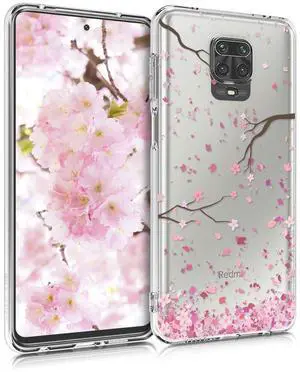 _Mega Brand Clear Case Compatible with Xiaomi Redmi Note 9S / 9 Pro / 9 Pro Max - Phone Case Soft TPU Cover - Cherry Blossoms Pink/Dark Brown/Transparent