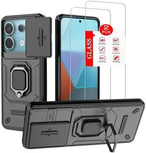 _Mega Brand Cellular Phone Case for XiaoMi RedMi Note 13 Pro 5G - Military-Grade Protective Armor, 2 Pack Tempered Glass Screen Protector, Magnetic Kickstand (Black)
