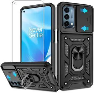 _Mega Brand  OnePlus Nord N200 5G Case with HD Screen Protector with Slide Camera Cover, 360° Rotation Ring Kickstand [Military Grade] Shockproof Protective Case for OnePlus Nord N200 5G,Black