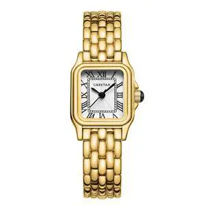 _Mega Brand Watches for Women with Small Vintage Bracelet, Gold White Face, Rectangular Case, Roman Dial