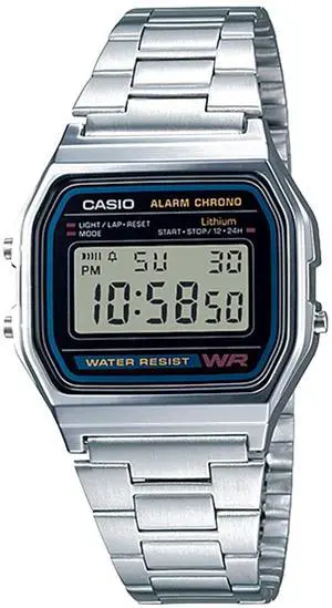 _Mega Brand A158WA Series | Unisex Digital Watch | Silver/Black | Vintage | WR | 100 SEC Stop Watch | Daily Alarm | Regular Time Keeping: Hour, Minute, Second, PM, Date, Day | Led Light | 7 Yr Battery