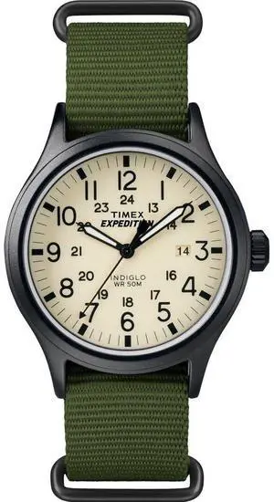 _Mega Brand Men's Expedition Scout 40mm Watch  Black Case Cream Dial with Green Fabric Strap