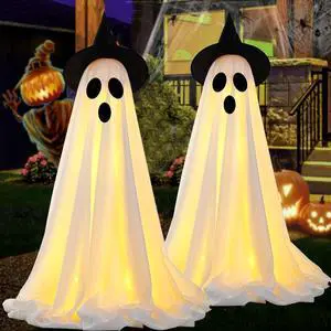 _Mega Brand 2Packs Halloween Decorations Outdoor, Cute Halloween Decorations Indoor, Spooky Ghost Halloween Decor with Witch Hat, Scary Ghosts Decor with LED Lights for Front Porche Yard Garden Home