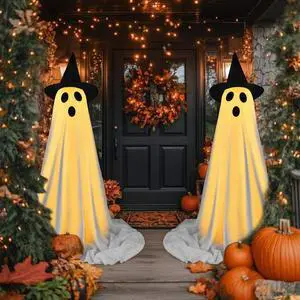 _Mega Brand  Decorations Outdoor Indoor, 2 Pack Spooky Ghost with Witch Hat, Scary Ghost Decorations with LED String Lights, Terrifying Halloween Decor for Home Outside Porch Garden Yard Lawn Party