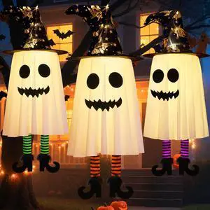 _Mega Brand 3 Packs Halloween Hanging Ghosts Decorations Outdoor Indoor, Spooky Glowing Ghost Witch Hat Striped Stockings High Heels String Lights 3 Modes Patio Yard Front Porch Tree Party
