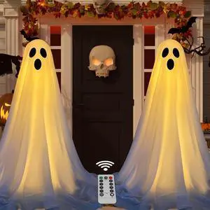 _Mega Brand 2 Packs Halloween Decorations Outdoor, Spooky Halloween Ghost Decor with Remote String Lights Battery Operated, Easy to Assemble Ghost Decorations for Front Porch Yard
