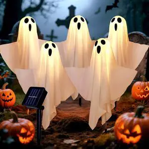 _Mega Brand Halloween Decorations Solar Halloween Ghost Lights - Outdoor Ground Stake Spooky Decorations Ghosts for Yard Lawn Patio Porch Holiday Decor (Set of 5)