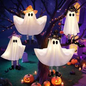 _Mega Brand Decorations Outdoor Indoor,4 Pack Hanging Ghosts Outdoor Halloween Decor,Cute Light Up Witches Hats Ghost Decorations with 3 Light Modes,DIY Arms,Perfect for Tree Porch Yard Window Ceiling
