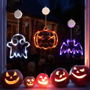 _Mega Brand Halloween Lights Decorations 2025 3-Pack Orange Pumpkin White Ghost Purple Bat Window Lights with Suction Cups, Battery Operated Halloween LED Lights Window Decor Slow Fade Mode and Timer