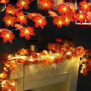 _Mega Brand2 Pack Fall Decor Enlarged Maples Leafed Lights Total 20Ft 40LED Thanksgiving Halloween Fall Decorations for Home,Battery Operated Autumn Garland Waterproof Indoor Outdoor Holiday Christmas