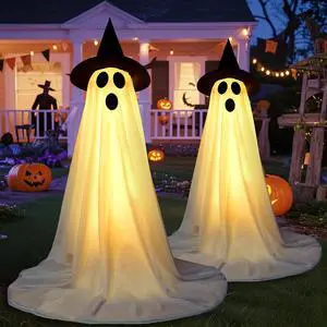 _Mega Brand  Ghost Decorations Outdoor: 2 Packs 5Ft Tall Light Up Ghost Decor with LED String Lights, Witch Hat, Spooky Halloween Indoor Scary Lighted Decor for Outside Porch Yard Garden Lawn