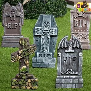 _Mega Brand 17 Halloween Foam RIP Graveyard Tombstones (5 Pack), Halloween Tombstones Outdoor Decorations for Graves Decorations with 12 Metal Stakes for Cemetery Yard Lawn Party Decor