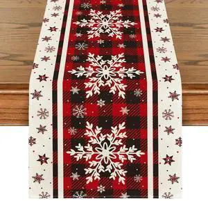 _Mega Brand  Buffalo Plaid Snowflakes Christmas Table Runner, Seasonal Winter Kitchen Dining Table Decoration for Home Party Decor 13x72 Inch