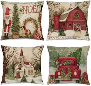 _Mega Brand Christmas Decorations Christmas Pillow Covers 18 x 18 Inches Set of 4 - Xmas Series Cushion Pillow Cover Custom Zippered Square Pillowcase