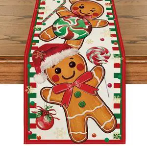 _Mega Brand  Gingerbread Candy Cane Christmas Table Runner, Seasonal Winter Kitchen Dining Table Decoration for Home Party Decor 13x72 Inch