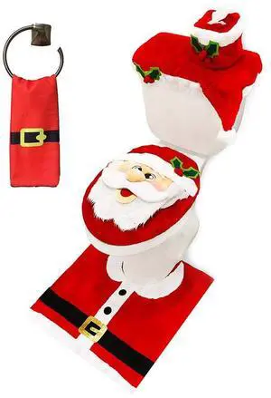 _Mega Brand 5 Pieces Christmas Theme Bathroom Decoration Set w/Toilet Seat Cover, Rugs, Tank Cover, Toilet Paper Box Cover and Santa Towel for Xmas Indoor Décor, Party Favors (Santa)