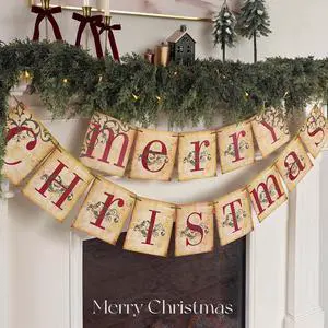 _Mega Brand Christmas Decorations - Vintage Merry Christmas Banner - Retro Nostalgic Traditional Old Fashioned Victorian Xmas Holiday Clearance Decor for Indoor Home Office Fireplace Mantle Farmhouse