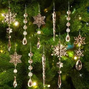 _Mega Brand 18pcs Crystal Christmas Ornaments for Christmas Tree Decorations-Champagne Hanging Acrylic Snowflake and Icicle Ornaments with Drop Pendants for New Year Party Decorations Supplies