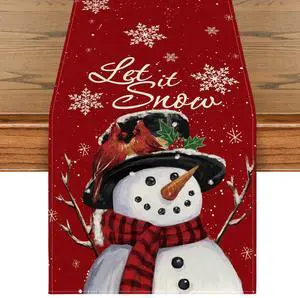 _Mega Brand  Red Snowman Let It Snow Winter Table Runner, Seasonal Christmas Kitchen Dining Table Decoration for Home Party Indoor 13x72 Inch