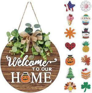 _Mega Brand Seasonal Welcome Sign Front Door Decoration, Rustic Round Wood Wreaths Wall Hanging Outdoor, Farmhouse, Porch, for Spring Summer Fall All Seasons Holiday Halloween Christmas.