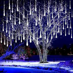 _Mega Brand Christmas Lights Outdoor, 8 Tubes Meteor Shower Lights LED Snow Falling Icicle Cascading Light for Xmas Tree Wedding Decoration Party, UL Plug, White