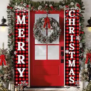 _Mega Brand  Decorations Outdoor Yard Front Porch Sign Set, Red Black Buffalo Plaid Door Banner, Hanging Merry Christmas Decorations for Home, Indoor Outdoor Xmas Decor Wall Front Door Yard Garage