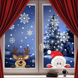 _Mega Brand 300 PCS 8 Sheet Christmas Snowflake Window Cling Stickers for Glass, Xmas Decals Decorations Holiday Snowflake Santa Claus Reindeer Decals for Party