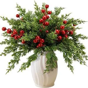 _Mega Brand 45 Pcs Christmas Artificial Pine Branches with Red Berry Stems, 10.5" Faux Evergreen Norfolk Pine Cypress Leaves Stems, Fake Foliage Pine Needles Picks for DIY Craft Garland Home Decor