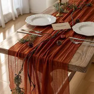 _Mega Brand Fall Thanksgiving Table Runner Terracotta Rust Gauze 120 Inch 10 FT Rustic Burnt Orange Sheer Cheese Cloth for Bridal Shower Friendsgiving Party Centerpiece Decor Fall Decorations for Home