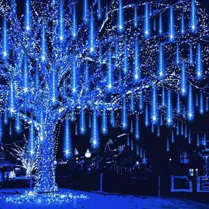 _Mega Brand Meteor Shower Lights Outdoor Christmas Lights UL Certified Falling Rain Drop Snowfall Icicle Cascading String Light for Xmas Holiday Tree Wedding Party Garden Decor Blue, 12 Inch 8 Tubes