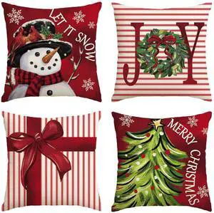 _Mega Brand  Merry Christmas Let It Snow Joy Stripes Gift Box Red Throw Pillow Covers, 18 x 18 Inch Xmas Tree Holiday Cushion Case Decoration for Sofa Couch Set of 4