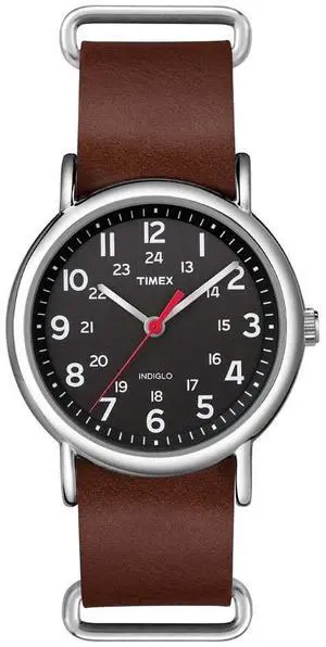 _Mega Brand Unisex Weekender 38mm Watch  Silver-Tone Case Black Dial with Brown Leather Slip-Thru Strap