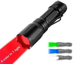 _Mega Brand Upgraded Zoomable Red Flashlight, 4 Color in 1 Flash Light, Green Red Blue White Multi-Color RGBW Led with Memory for Night Vision, Fishing, Astronomy(Batteries Not Included)