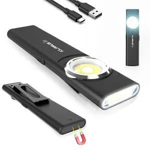 _Mega Brand E5 Pocket Flashlight, Rechargeable EDC Flashlight, Super Slim 4.2x1x0.3inch, 600 Lumens, USB-C Port, IPX4, Dual Light Source with Magnetic Base, Hat & Clothes Clip - Black