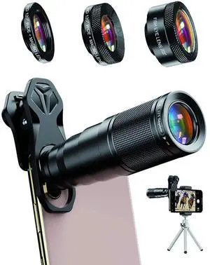 _Mega Brand 6 in 1 Phone Lens Kit - 22X Telephoto Lens, 205° Fisheye Lens, 120° Wide Angle Lens & 25X Macro Lens(Screwed Together), Compatible with iPhone 11 8 7 6 6s Plus X Xs/Max XR Samsung Black
