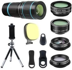 _Mega Brand Camera Lens, 6 lenses+ LED Light+ Remote Shutter+ Tripod, 18X Telephoto Zoom/Wide angle/Macro/Fisheye/CPL/Kaleidoscope camera lens kit for iPhone Xs X XR 8 7 6 Plus Samsung and Android
