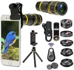 _Mega Brand  Phone Camera Lens with Tripod+ Shutter Remote,6 in 1 18x Telephoto Zoom Lens/Wide Angle/Macro/Fisheye/Kaleidoscope/CPL, Clip-On lense Compatible for iPhone X 8 7 6s Plus, Samsung and More