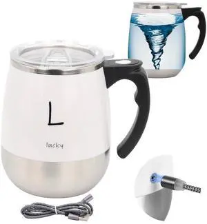 _Mega Brand Rechargeable Self Stirring Mug - Magnetic Electric Auto Mixing Stainless Steel Cup for Office/Kitchen/Travel/Home Coffee/Tea/Hot Chocolate/Milk-390 ml/13.2 oz(White)