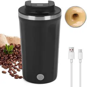 _Mega Brand  13.5 Oz Self Stirring Coffee Mug with Lid, Electric Automatic Rechargeable Milk Coffee Mixing Cup, Cocoa Hot Chocolate Juice Mixer Tumbler for Home Office Traveling Gym (Black)