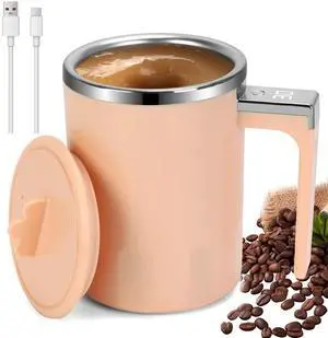 _Mega Brand  Self Stirring Coffee Mug with LED Display Temperature, 13.5 Oz Rechargeable Milk Coffee Mixing Cup, Electric Automatic Cocoa Hot Chocolate Juice Mixer with Lid for Home Office (Pink)