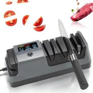 _Mega Brand Professional 3-Stage Electric Knife Sharpener for Kitchen Knives, LCD Screen, 100% Diamond Abrasive, Adjustable Rotational Speed, Precision Angle Guides for All Kitchen Knives