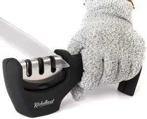 _Mega Brand 4-in-1 Kitchen Knife Accessories: 3-Stage Knife Sharpener Helps Repair, Restore, Polish Blades and Cut-Resistant Glove (Black)