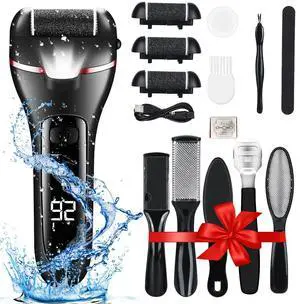_Mega Brand Electric Foot Callus Remover, 16 Pack Foot File Pedicure Kit Tools,Waterproof Foot Scrubber Dead Skin Remover with 3 Roller Heads & 2-Speed Power Pedicure Tools for Feet Hands Heel (Black)