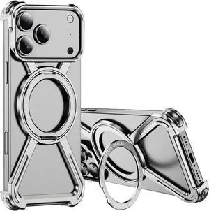 _Mega Brand Skeleton Case for iPhone 17 Pro Titanium Style Military-Grade Drop Protection 360° Rotating Kickstand Ring Grip Compatible with Quick Charge Bumper for Apple iPhone 17 Pro. JJ Silver