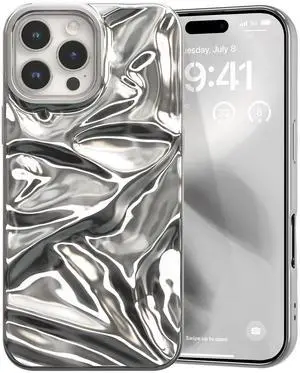 _Mega Brand Case for iPhone 17 Pro Glossy Water Ripple Phone Case, TPU Solid Colour Soft Shell Trendy Phone Case Slim Fit Women Protective Case for iPhone 17 Pro (6.3 inch),Silver