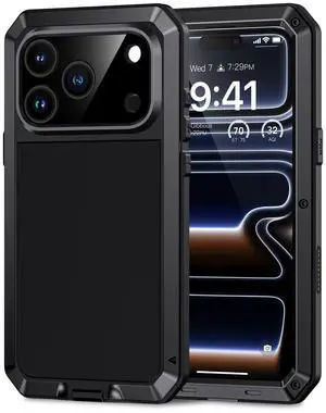 _Mega Brand for iPhone 17 Pro Metal Case, Built-in Glass Screen Protector, Heavy Duty Shockproof Case [Military-Grade Full Protective] Tough Rugged Phone Cover for iPhone 17 Pro 6.3", Black